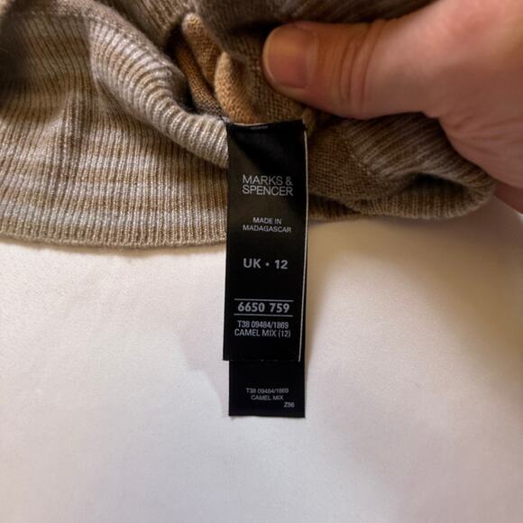 Marks & Spencer Pure Cashmere Striped V-Neck Sweater UK 12 (M/L) Camel Mix - Picture 10 of 14